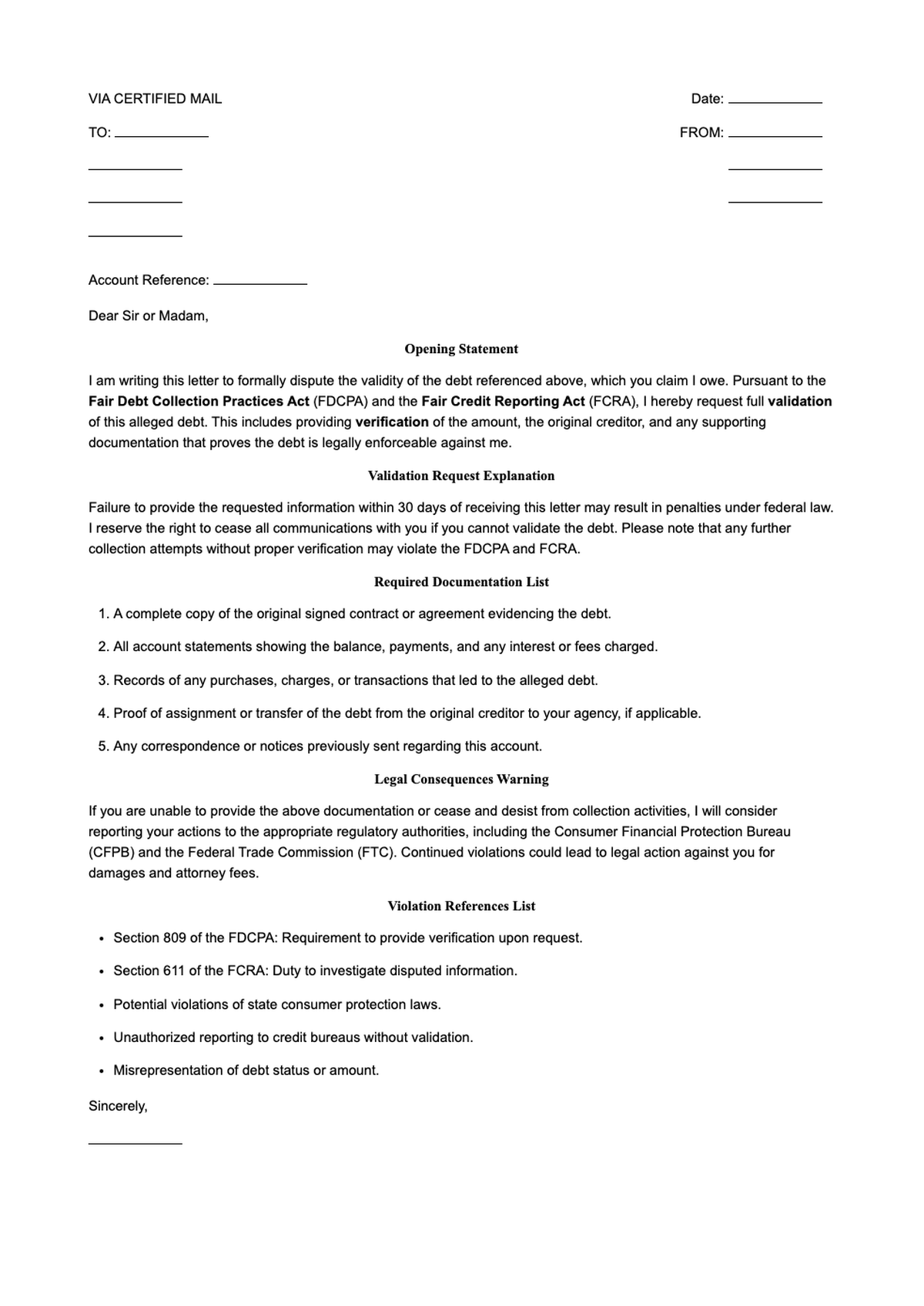 Fair Debt Collection Practices Act validation request letter template_variant_3